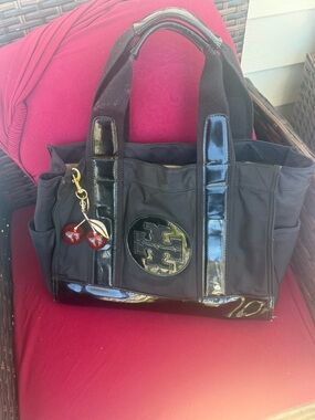 Tory Burch Black Nylon Tote with Patent Trim and Cherry Charm